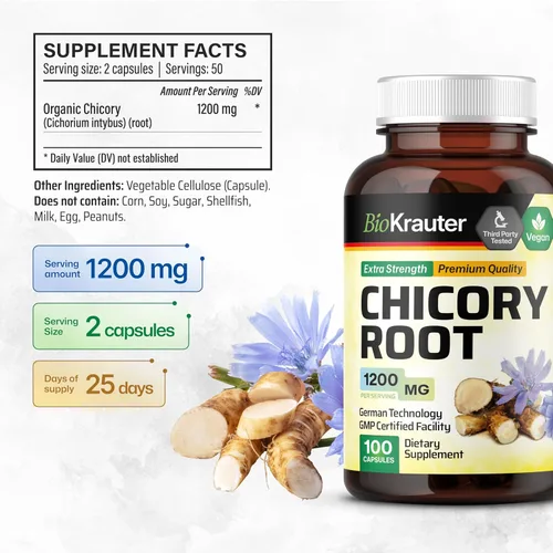 Vista 3 de BIO KRAUTER® Raíz de achicoria para apoyo intestinal y digestivo, prebióticos veganos puros y suplemento de fibra en cápsulas de 1200 mg por