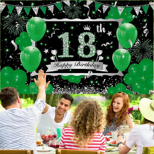 Vista 3 de Cartel verde de cumpleaños número 18 – Cartel grande plateado de feliz 18 para niños y niñas – 73 x 44 pulgadas
