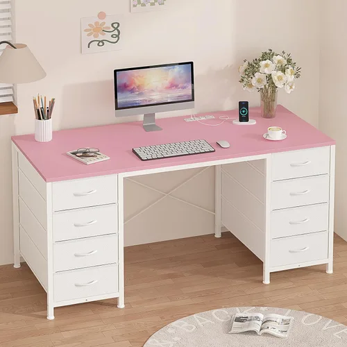 Vista 10 de YOMILUVE Escritorio para computadora de 50 pulgadas con 8 cajones, escritorio para oficina en casa con tomas de corriente, escritorio de trabajo