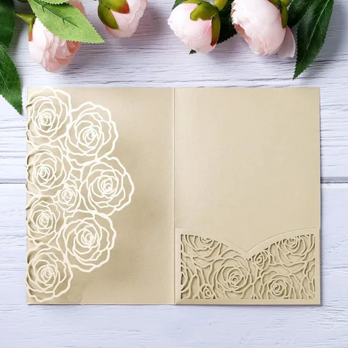 Vista 14 de Página interior personalizada, cortada con láser, bolsillo para tarjetas de invitaciones de boda con sobre para fiesta de cumpleaños, invitación
