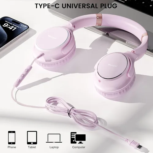Vista 5 de Auriculares con cable USB C sobre la oreja con micrófono, control de volumen, puerto compartido y diadema ajustable, auriculares estéreo plegables