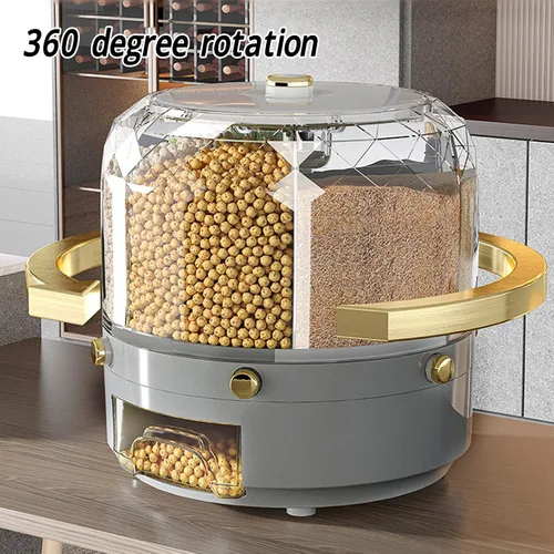 Vista 5 de Contenedor de almacenamiento de granos, caja dispensadora de arroz giratoria, dispensador de granos de 6 rejillas, dispensador de alimentos