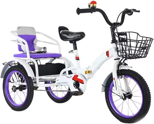 Vista 10 de Triciciclos plegables para niños con mango parental, triciclos tándem de 3 a 10 años con asiento trasero del pasajero, silla de montar ajustable