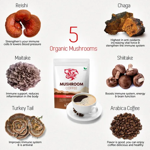 Vista 3 de Tiger Organic - Café instantáneo de 5 hongos, 30 porciones con 100% arábica, refuerzo del sistema inmunológico, reishi, maitake, shiitake, chaga