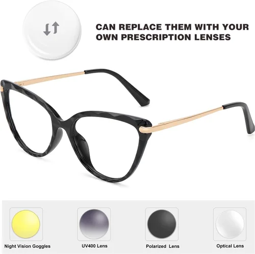 Vista 3 de WOWSUN Montura de lentes de ojo de gato de cristal sexy para mujer, sin receta, marco de anteojos falsos con lente transparente