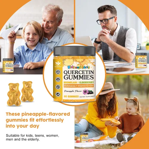 Vista 5 de Gomitas de quercetina con bromelina para niños y adultos, apoyo inmunológico y de bienestar estacional, 800 mg de quercetina con bromelina, zinc