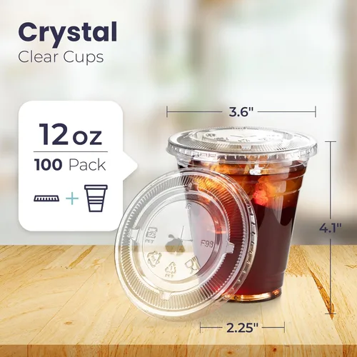 Vista 2 de Fit Meal Prep Paquete de 100 vasos de plástico transparente de 12 onzas con tapas planas, tazas desechables para café helado, sin BPA, taza