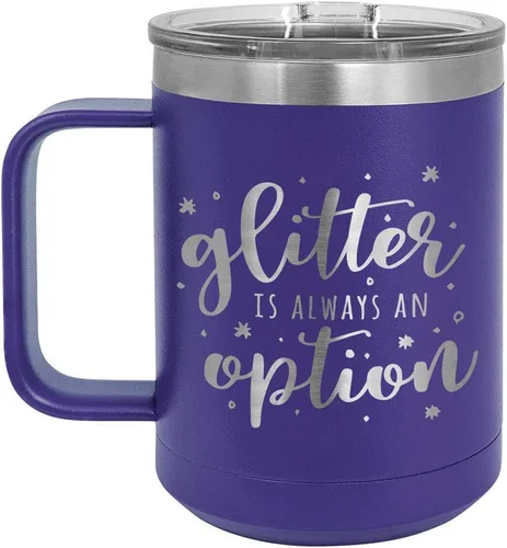 Vista 8 de GLITTER IS SIEMPRE UNA OPCIÓN Negro Taza de café de 15 oz con tapa deslizante Taza de café de viaje con aislamiento Ideas de regalos