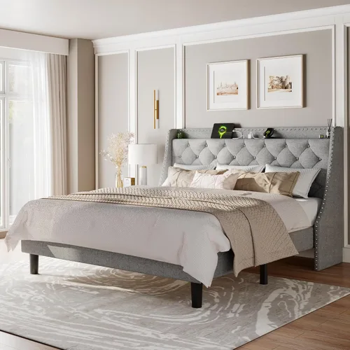 Vista 12 de Feonase - Base de cama tamaño completo con respaldo de alas de lujo y estación de carga rápida, base de cama tapizada con botones y cabecera