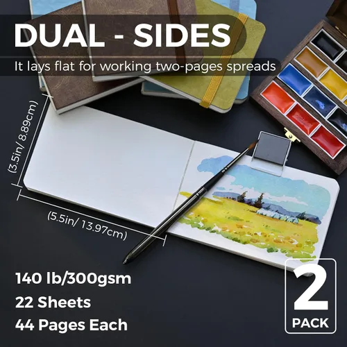 Vista 2 de Funto Diario de Papel de Acuarela Paquete de 2, 3.5x5.5, 44 Páginas Cada Uno, 100% Algodón Prensado en Frío, Tapa Dura de Cuero PU Azul, Suministros