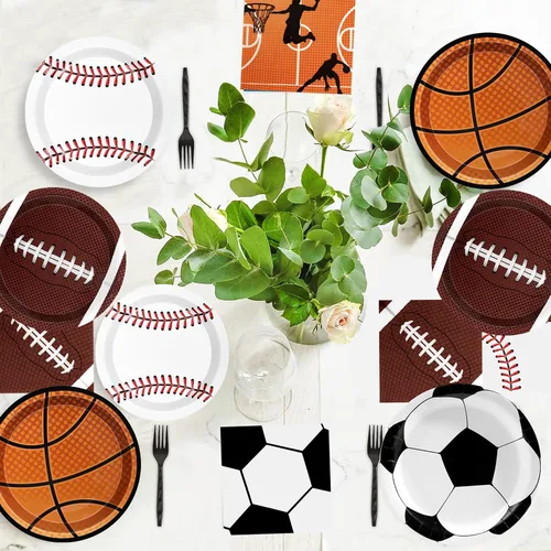 Vista 6 de Decoraciones deportivas para fiestas de cumpleaños, 80 unidades, platos y servilletas para fiestas deportivas, béisbol, fútbol, baloncesto, rugby