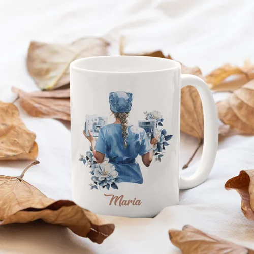 Vista 2 de Enfermera con equipos médicos Tazas de café, Taza de cerámica de enfermería con nombre personalizado, Taza de café asistente médica, Regalo