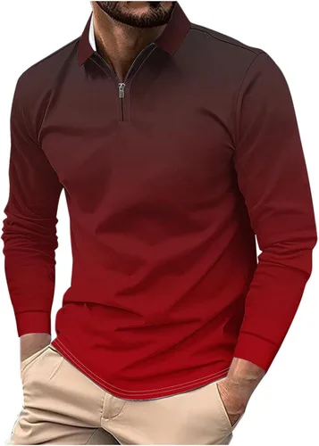 Vista 7 de Camisas para hombres de moda grande y alto de manga larga, color degradado, con cremallera de un cuarto, camiseta polo casual suelta deportiva