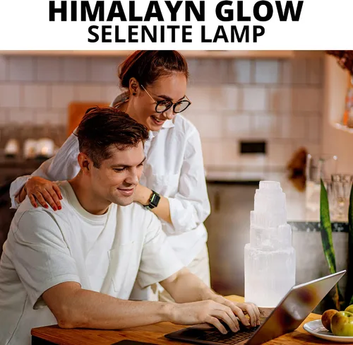 Vista 6 de Himalayan Glow Lámpara de cristal selenita de 7.9 in, grande, curvada a mano, con base de madera (certificado ETL) y cable de carga USB