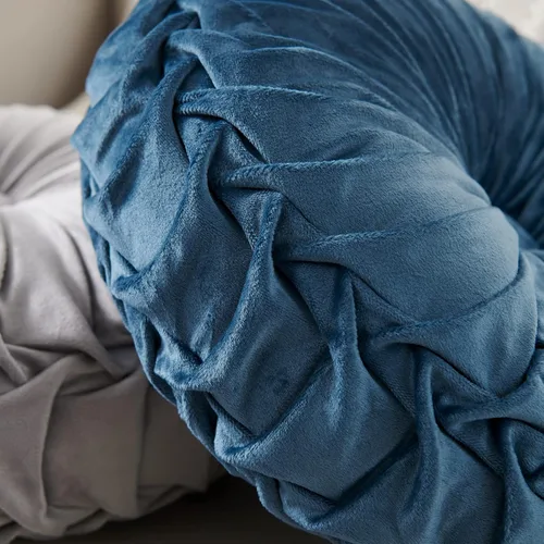 Vista 2 de MOJUN Cojín de terciopelo redondo, plisado, relleno, cojín decorativo para el hogar para sofá, silla, cama, automóvil, suelo (azul, 14 pulgadas)