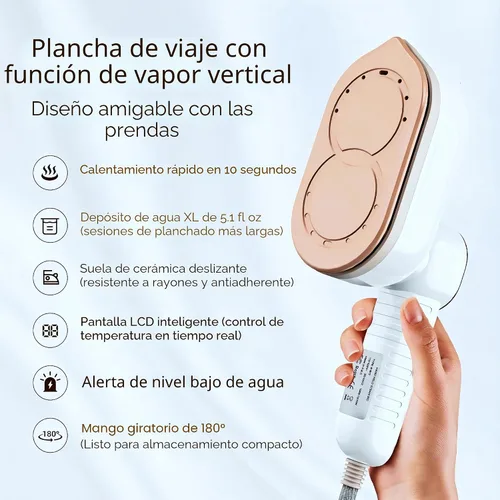 Vista 2 de Vaporizador de viaje, vaporizador portátil de 1200 W para ropa, calentamiento rápido de 10 segundos, plancha a vapor para ropa con LED, mango