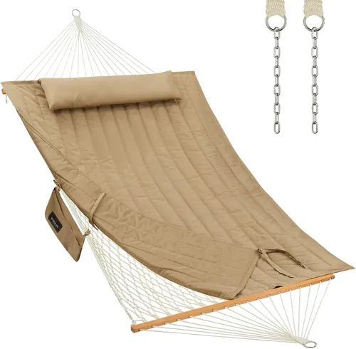 Vista 10 de CHULIM Hamaca doble para exterior con barras separadoras de madera dura, hamaca grande de cuerda con almohada de poliéster y cojín, capacidad de 475