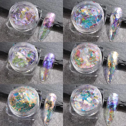 Vista 3 de Polvo de uñas cromado iridiscente, 6 cajas de copos de ópalo de fuego de cristal para arte de uñas, lentejuelas holográficas de sirena con purpurina