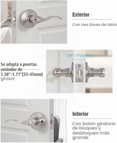 Vista 5 de Manijas de puerta interior con llave, diferencia de entrada, para puerta delantera/dormitorio, para puerta abierta a la izquierda y derecha