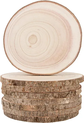 Vista 9 de Maputune 4 piezas de rodajas grandes de madera sin terminar de 7-8 pulgadas para centros de mesa, plato de madera rústica natural para manualidades