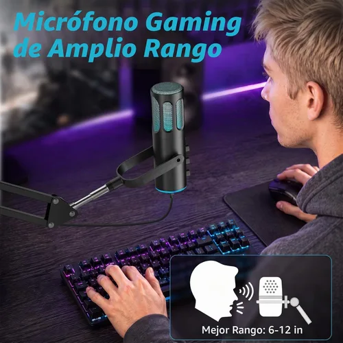 Vista 6 de Microfono para juegos, micrófono condensador USB para PC, PS4/5 y Mac, micrófono de computadora con cancelación de ruido, silencio, reverberación