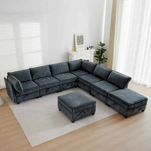Vista 26 de ORRD Juego de sofá modular esquinero de gran tamaño, sofá convertible en forma de L con almacenamiento, sofá modular de 8 plazas con otomanas y Beige