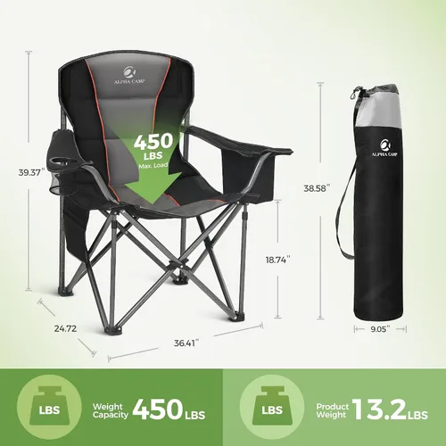 Vista 3 de LET'S CAMP - Silla de camping plegable de gran tamaño, resistente, acolchada, para exteriores, con soporte para tazas, capacidad de peso de 450