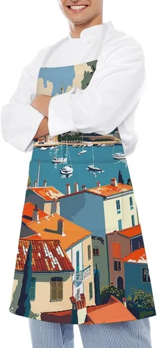 Vista 4 de MUSM Apron for Adults - 27.6 X 31.5 Inch, Heavy-Duty Polyester Aprons with Two Large Pockets, Waterproof Sea Scenery Pictures Kitchen Apron for