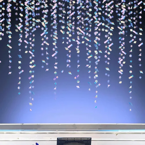 Vista 6 de Cheerland Coloridas guirnaldas de confeti holográficas para fiestas, telón de fondo con purpurina y estrellas arcoíris para cumpleaños, Nochevieja