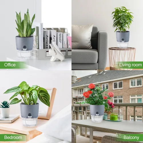 Vista 7 de Oliz - Macetas de 6 pulgadas con riego automático para plantas de interior, juego de 6 macetas de plástico gris con agujeros de drenaje
