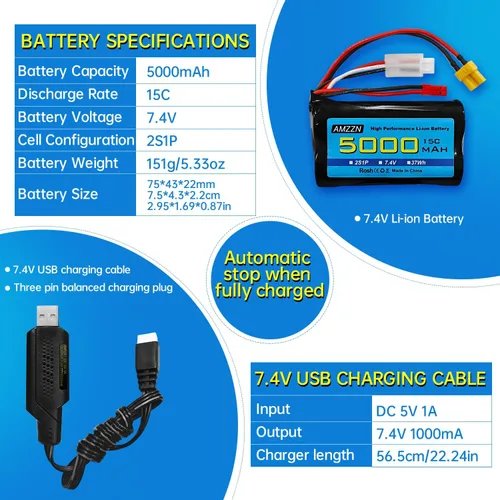 Vista 3 de Batería de iones de litio de 7.4V 5000mAh 2S con enchufe JST y enchufe XT30 con cable de carga USB para control remoto TX16S, TX18S, RC4GS, RC6GS