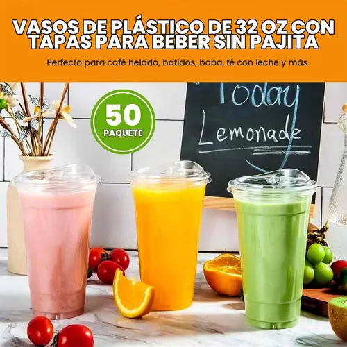 Vista 2 de Vasos de plástico transparente de 32 oz gruesos con tapas y pajitas, reutilizables, desechables vasos para café helado para batidos, cerveza