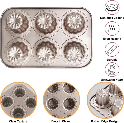 Vista 4 de Molde de canele antiadherente para magdalenas, molde de acero al carbono, bandeja para hornear pasteles franceses, 6 tazas para hacer mini pan
