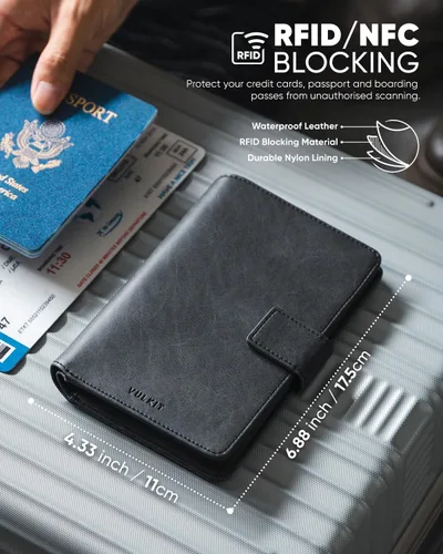 Vista 3 de VULKIT Cartera de pasaporte compatible con Airtag Holder Bifold Travel Card Holder, Negro