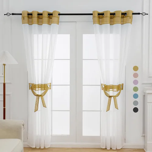 Vista 23 de L.Z.E - Cortinas transparentes blancas y negras de 63 pulgadas de largo, 2 paneles para sala de estar, cortinas elegantes y modernas transparentes