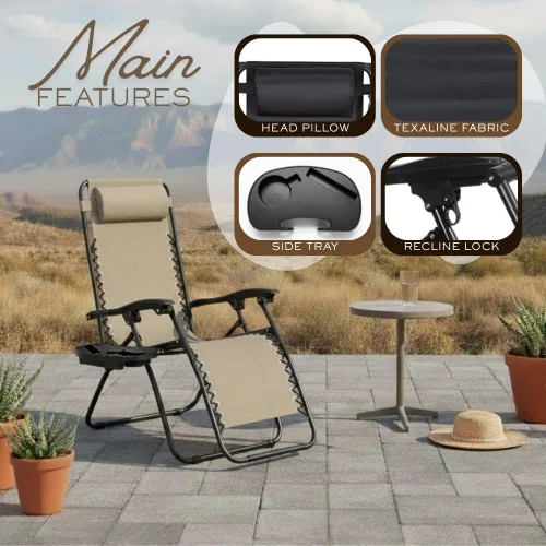 Vista 5 de Paquete de 2 sillas de salón ajustables de gravedad cero con tela de malla de acero: silla de césped reclinable con almohada cómoda, bandeja