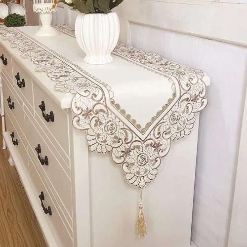 Vista 10 de Arzoe Camino de mesa de encaje con flores europeas vintage, corredores elegantes, decoración de mesa de armario y comedor (borgoña, 16×59 pulgadas)