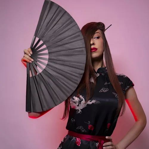 Vista 5 de Quacc Ventilador de mano plegable grande de 13 pulgadas, tela de nailon vintage, retro, gran abanico para baile de línea, festival chino de Kung Fu