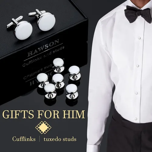 Vista 3 de HAWSON Juego de gemelos y tachuelas de esmoquin para hombre con caja de regalo joyas o accesorios para hombre adecuados para traje negro, camisas