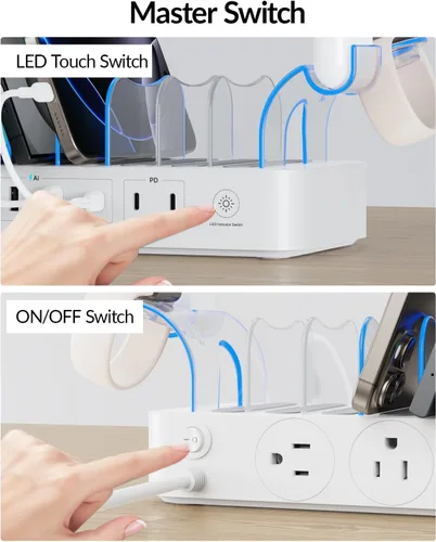 Vista 6 de SooPii Estación de carga de 60 W para múltiples dispositivos, base de carga USB C de 6 puertos con 3 salidas de CA, 3 USB C, 3USB A, cable