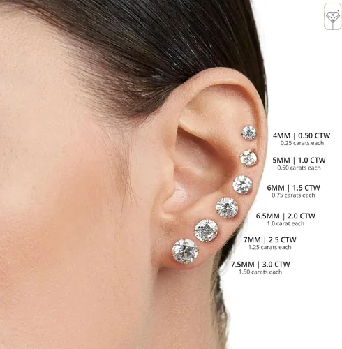 Vista 4 de Aretes de oro de 14 quilates para mujeres y hombres con cristal redondo genuino, aretes de circonita cúbica con dorso de oro 0.5-3.0 quilates por