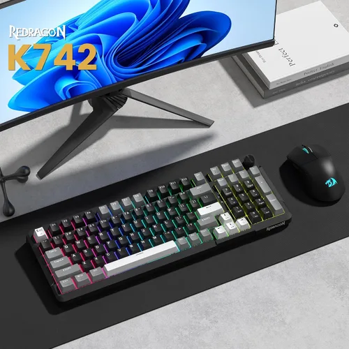 Vista 9 de Redragon K742 Teclado Mecánico Inalámbrico para Juegos con Perilla, Bluetooth 5.0/2.4GHz/USB C Teclado Cableado Cremoso con Teclado Numérico