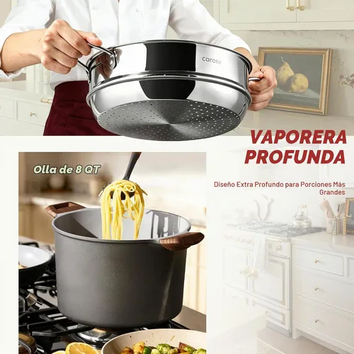 Vista 11 de CAROTE Juego de utensilios de cocina de cerámica, ollas y sartenes de 29 Gris