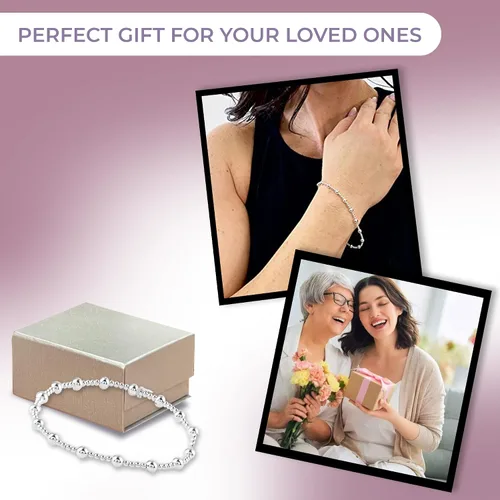Vista 6 de Compra pulseras de plata de ley 925 LC para mujer, pulseras elásticas de plata de ley con cuentas de estación de bolas, joyería elástica