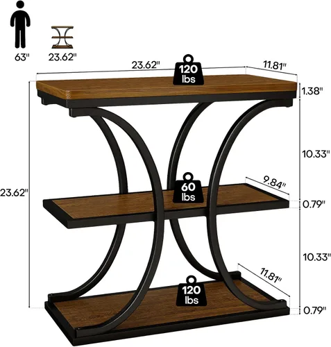 Vista 2 de BECHAEO Mesas auxiliares de 24 pulgadas, mesa auxiliar industrial de 3 niveles con estantes de almacenamiento, mesa de sofá de madera con marco