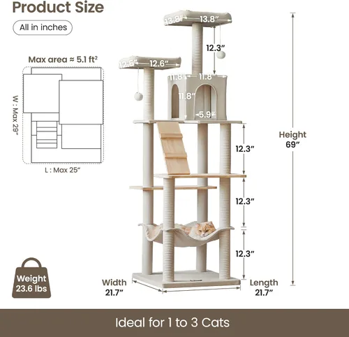 Vista 6 de MWPO Árbol grande y moderno para gatos, torre de madera de 70.1 pulgadas para gatos de interior, condominio alto para gatos de varios niveles con 2