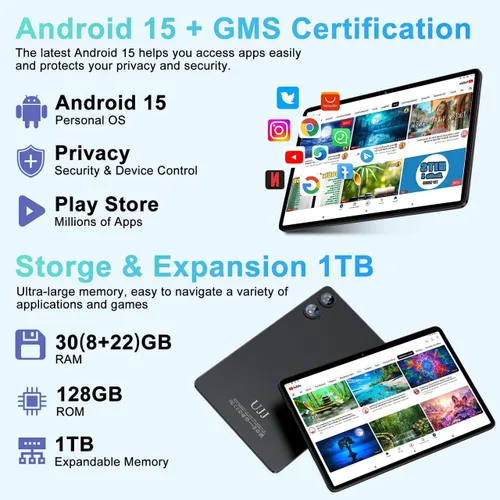 Vista 3 de Tableta de 10 pulgadas Android 15 con 30 GB de RAM 128 GB de ROM 1 TB de expansión, Tablets de 8000 mAh Octa-Core con teclado y ratón, pantalla HD