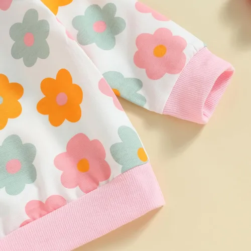 Vista 4 de MAYUMMPY Conjunto de 2 piezas de sudadera con cuello redondo floral y pantalones para bebé niña