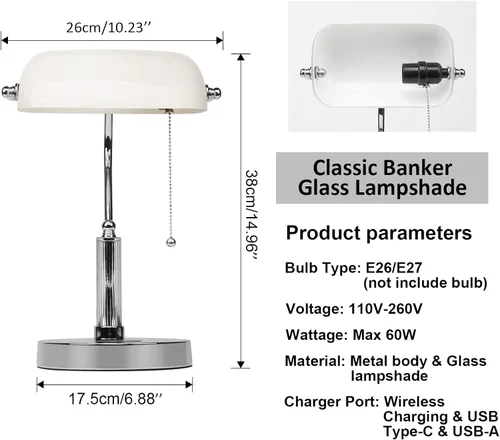Vista 2 de FIRVRE Lámpara de Escritorio de Banquero, Lámpara de Mesa de Vidrio Blanco con Cargador Inalámbrico y Puerto de Carga 2USB, Lámpara con Interruptor