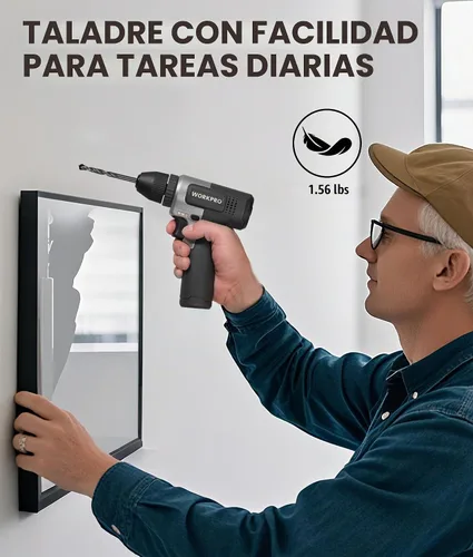 Vista 3 de WORKPRO Juego de taladro inalámbrico de 8 V, taladro eléctrico de 2 Ah con portabrocas sin llave de 3/8 pulgadas, 15 puntas, carga tipo C, LED
